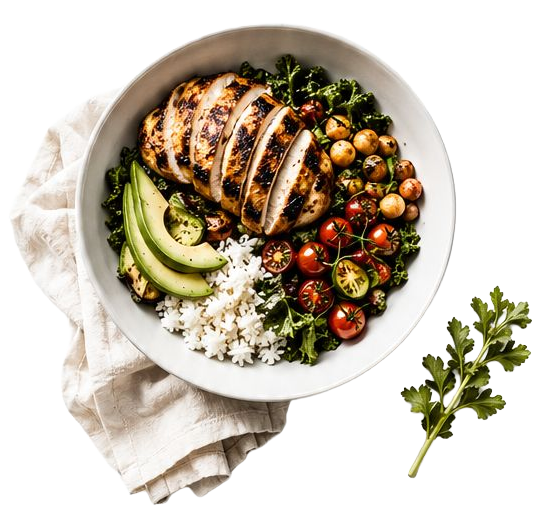 Fresh, colorful healthy bowl with grilled chicken and vegetables